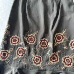 LOFT Brown A-Line Skirt with Red and Cream Floral Embroidery and Ruffle